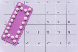 empfängnisverhütungspille mit datum des kalenderhintergrunds, gesundheitswesen und medizinkonzept foto