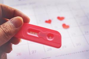 schwangerschaftstest auf kalenderhintergrund, gesundheitskonzept foto
