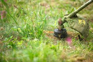 Trimer mäht Gras aus nächster Nähe. Angelschnur in Bewegung und Graspartikel in der Luft. Pflege des Rasens und der Umgebung des Hauses, Gartenhauses, Landschaftsgestaltung, Floristik, Garten und Ernte. Exemplar foto