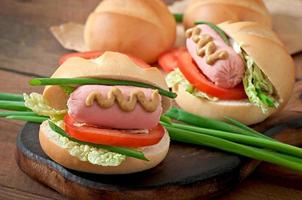 kleiner fröhlicher Hotdog mit Wurst und Tomate foto
