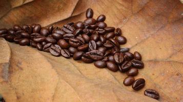 Kaffeebohnen auf trockenen Teakblättern, brauner Teakblatthintergrund foto