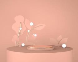 Produktpräsentationspodium verziert mit Blättern auf pastellfarbenem Hintergrund, 3D-Darstellung foto