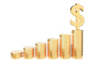 goldener münzenstapel auf weißem hintergrund., geldspar- und investitionskonzept und ideen sparen und finanzielles wachstum.3d-modell und illustration. foto