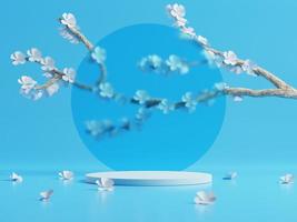 3d-minimalanzeigepodien mit kirschblütenblume oder sakura vor blauem hintergrund. 3D-Rendering einer realistischen Präsentation für Produktwerbung. 3D-Minimaldarstellung. foto