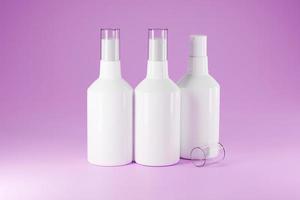 weiße Sprühflasche mit transparentem Verschluss. leeres mock-up für die präsentation des kosmetischen hautpflegeproduktdesigns auf rosa hintergrund, 3d-rendering foto