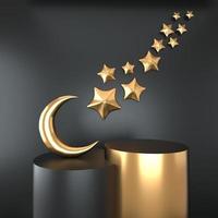 ramadan kareem grußvorlage mit mond. podium, stehen auf hellem urlaubshintergrund für werbeprodukte - 3d-renderillustration für karten, grüße. foto