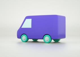 Lila Lieferwagen mit grünen Rädern 3d foto