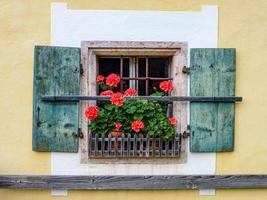 Nahaufnahme eines alten Holzfensters mit Blumen auf der Schwelle foto