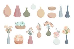 böhmische Vasen mit ausgefallenen hellorangen Blumen in einfacher, flacher, abstrakter, pastellfarbener Vektorgrafik, trendiges, minimalistisches, gemütliches Wohnkulturkonzept, romantische Grußkarte, Einladung foto