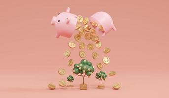 3D-Darstellung der offenen Münze des Sparschweins, die fällt, um Geldbaum auf dem Hintergrundkonzept des Sparens oder Investierens, der Finanzinvestition, des Finanzwachstums, der Investitionsentscheidung zu züchten. 3D-Darstellung. foto