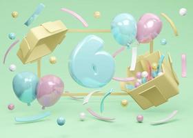 3D-Rendering-Konzept der Happy Birthday Party. Nummer 6 Geburtstag explodiert aus Geschenkbox mit Luftballons und Konfetti auf grünem Hintergrund. 3D-Rendering. 3D-Darstellung. Minimale Designvorlage.