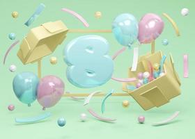 3D-Rendering-Konzept der Happy Birthday Party. Nummer 8 Geburtstag explodiert aus Geschenkbox mit Luftballons und Konfetti auf grünem Hintergrund. 3D-Rendering. 3D-Darstellung. Minimale Designvorlage. foto