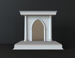 weiße und goldene islamische 3D-Innenszene mit Sockel auf schwarzem Hintergrund. bühne, um kosmetische produkte 3d-renderings zu zeigen foto