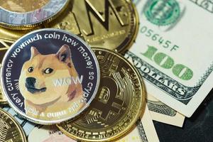 dogecoin doge, bitcoin, ethereum eth, xrp-münze, enthalten mit kryptowährungsmünze auf stapel 100 hundert neue us-dollar-geld amerikanische virtuelle blockchain-technologie zukunft ist hintergrund nahkonzept