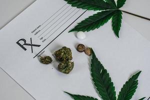 Medizinische Marihuanablätter schließen Cannabisknospen mit ärztlicher Verschreibung für Unkraut und Pillen auf weißem Hintergrund foto