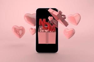 glückliches Muttertagskonzept. Muttertext mit Geschenkbox und Smartphone. 3D-Rendering digitale Liebe foto