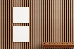 Doppeltes modernes und minimalistisches quadratisches Holzplakat oder Fotorahmenmodell an der Holzwand im Freien. 3D-Rendering. foto