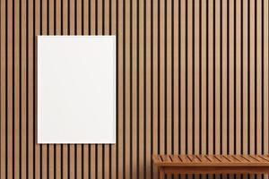 modernes und minimalistisches vertikales weißes plakat oder fotorahmenmodell an der holzwand im freien. 3D-Rendering. foto