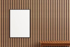 Modernes und minimalistisches vertikales schwarzes Poster oder Fotorahmenmodell an der Holzwand im Freien. 3D-Rendering. foto