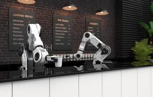 Roboterarm serviert heißen Kaffee in einem Café. foto