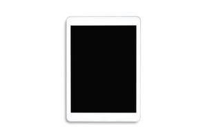 Beschneidungspfad. Draufsicht auf weißen Tablet-Computer isoliert leer auf schwarzem Bildschirm auf weißem Hintergrund anzeigen. flache Lage des Tablets isoliert. Attrappe, Lehrmodell, Simulation.