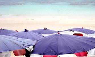 Lila Sonnenschirme am Strand mit weichem Fokus auf das Meer im Hintergrund foto