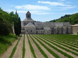 Senanque, Frankreich, 2013 - Abbaye Notre Dame de Senanque in der Nähe eines Lavendelfeldes foto