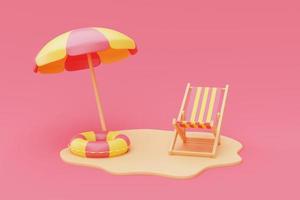 3d-rendering des sommerferienkonzepts mit strandkorb, regenschirm und aufblasbarem schwimmring, sommerelementen, minimalem style.3d-rendering. foto