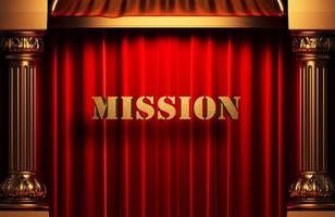Mission goldenes Wort auf rotem Vorhang foto