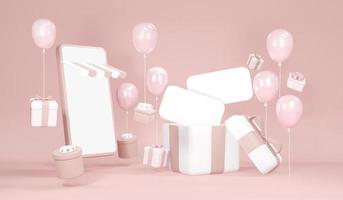 Das 3D-Rendering-Konzept einer Geschenkbox öffnet sich, um leere Papiere für kommerzielles Design mit Dekorationselementen, Ballons und Geschenken zu zeigen. 3D-Rendering. foto