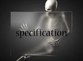 Spezifikationswort auf Glas und Skelett foto
