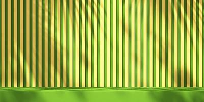 3D-Podiumsanzeige für grüne und gelbe Produkte mit orangefarbenem Hintergrund und Baumschatten, Sommerprodukt-Mockup-Hintergrund, 3D-Darstellung foto