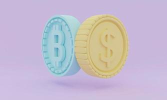 3D-Rendering-Münze mit Bitcoin-Symbol vs. Münze mit Dollar-Symbol auf lila Hintergrund Konzept der Kryptowährung und Fiat-Währung. 3D-Rendering. 3D-Darstellung. foto