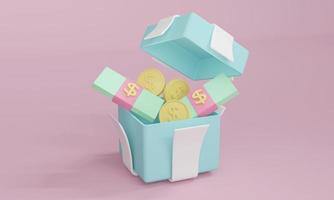 3D-Rendering-Geschenkbox offen mit Geldschein und Münze im Pastellthema. 3D-Darstellung. foto