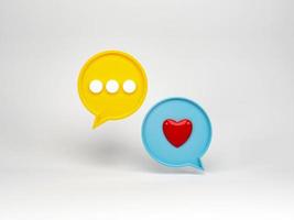 3D-Rendering, 3D-Darstellung. Herz im Sprechblasengespräch. Chat-Piktogramm oder Symbol für Diskussionskommentare auf weißem Hintergrund. Messenger- oder Online-Support-Konzept. foto
