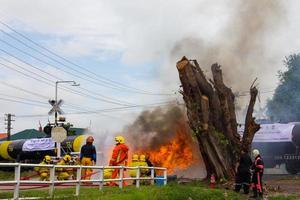 Feuerwehrleute trainieren in der Nähe des Baumstumpfes. foto