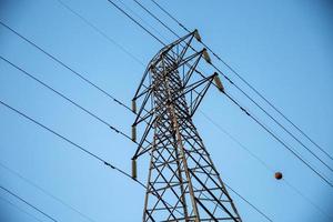 Schlagen Sie Hochspannung von Stromübertragungsmasten nach. blauer Himmel. foto