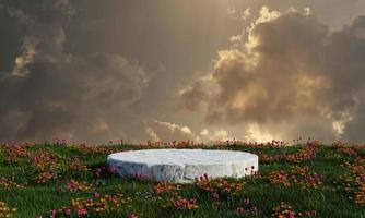 Natursteinpodium auf Wiesenwiese und bewölktem Himmelshintergrund. natur- und wetterkonzept. 3D-Darstellungswiedergabe foto