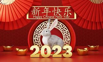 chinesisches neujahr 2023 jahr des kaninchens oder hasens auf rotem chinesischem muster mit handfächerhintergrund. urlaub des asiatischen und traditionellen kulturkonzepts. 3D-Darstellungswiedergabe foto