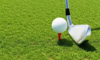 Golfball und Golfschläger mit Fairway-Grünhintergrund. sport- und athletisches konzept. 3D-Darstellungswiedergabe foto
