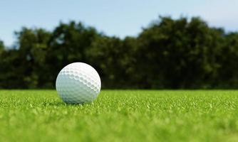 Golfball auf Gras im grünen Hintergrund der Fahrrinne. sport- und athletisches konzept. 3D-Darstellungswiedergabe foto