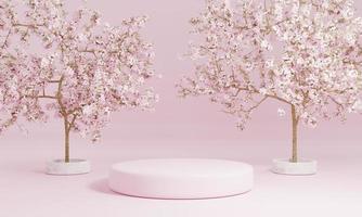 Podiumsvitrine mit rosafarbenem Produkt im minimalen Stil mit Kirschblütenbaum oder Sakura in japanischer Sprache im öffentlichen Garten. Technik und Objektkonzept. 3D-Darstellungswiedergabe foto