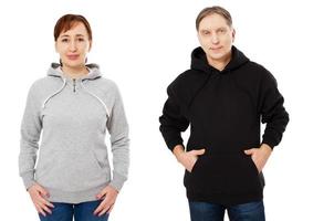 Mann und Frau Hoody Mock-up isoliert auf weißem Hintergrund foto