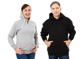 Frau grau und Mann schwarz Hoody Mock-up-Set isoliert auf weißem Hintergrund foto