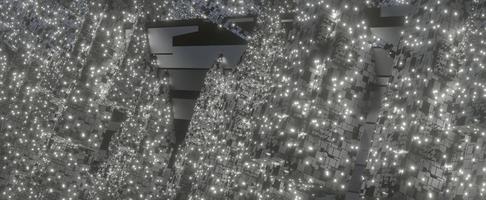 futuristischer schwarz-weißer Hintergrund mit leuchtenden Lichtern. Die Oberfläche des Raumschiffs ist mit 3D-Renderkacheln und funkelnden Seitenlichtern bedeckt. digitale abstraktion metropole der zukunft foto