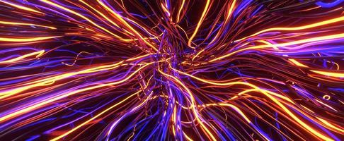 verwirrte energiekabel mit neonglühen. ineinander verschlungener strom aus lila 3d-renderdrähten, die zu knoten verdreht sind. futuristische digitale Kommunikationsleitungen mit ständiger Bewegung und Informationsüberflutung