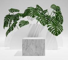 3D-Rendering Realistisches Marmorpodium mit einer Produktpräsentation 3D-Renderhintergrund mit Baum foto