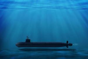 3D-Darstellung eines Atom-U-Bootes in der Tiefsee, bewegt sich auf sein Ziel im blauen Ozean zu, U-Boote in der Souveränität und maritimen Sicherheit des Landes und Kriegsschiffe der Marine. foto