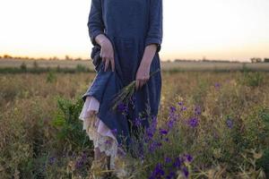 Junge rothaarige Frau mit Sommersprossen in handgefertigtem Vintage-Kleid geht auf Feldern mit Blumen spazieren foto