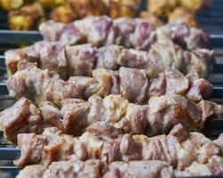 Barbecue-Schaschlik-Kebab mit Winglets in Holzkohlegrill halbfertig auf Spieß Seitenansicht Nahaufnahme